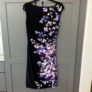 {Lauren Ralph Lauren}Sz 10 Black w/Purple/Pink Floral Side Ruched Dress